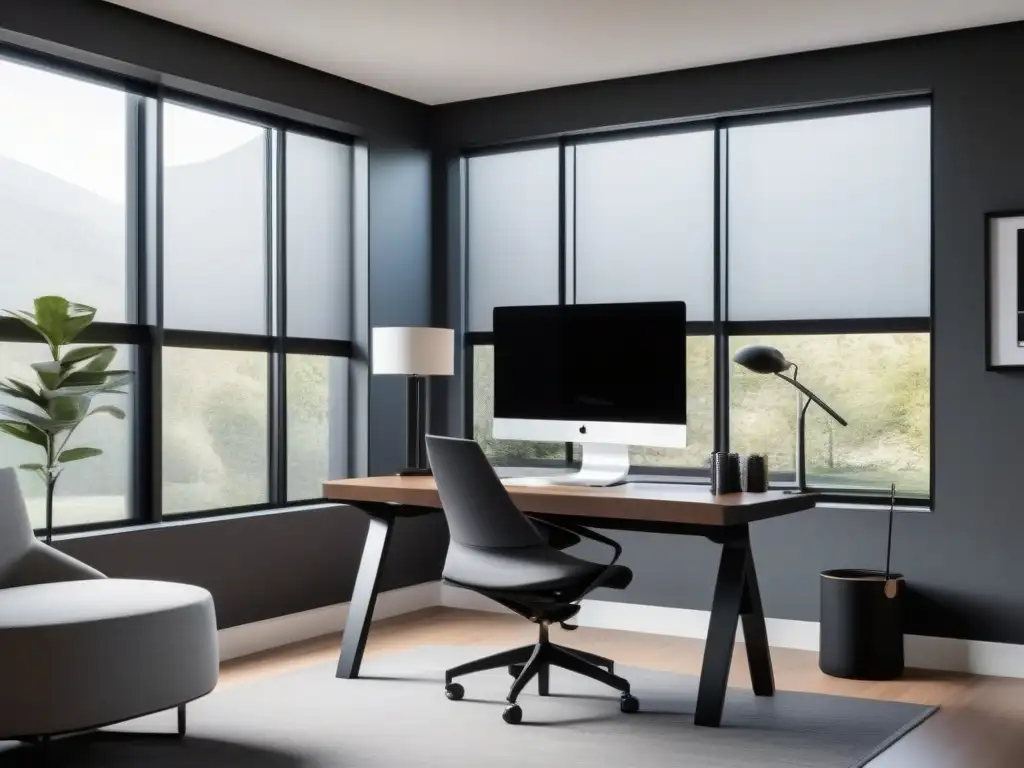 Oficina en casa minimalista para videoconferencias Entorno de trabajo en casa para videoconferencias: Moderno y minimalista, con escritorio negro, silla ergonómica y luz natural