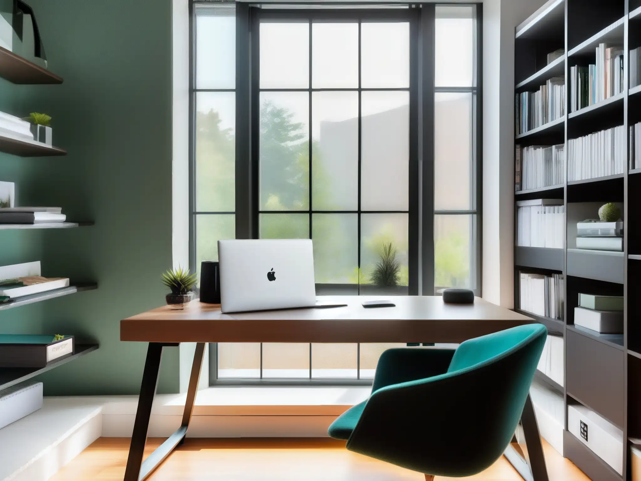 Oficina en casa moderna con elegante escritorio de vidrio y toque de color Entorno de trabajo en casa para videoconferencias con escritorio de vidrio moderno junto a ventana amplia y silla ergonómica con toque vibrante