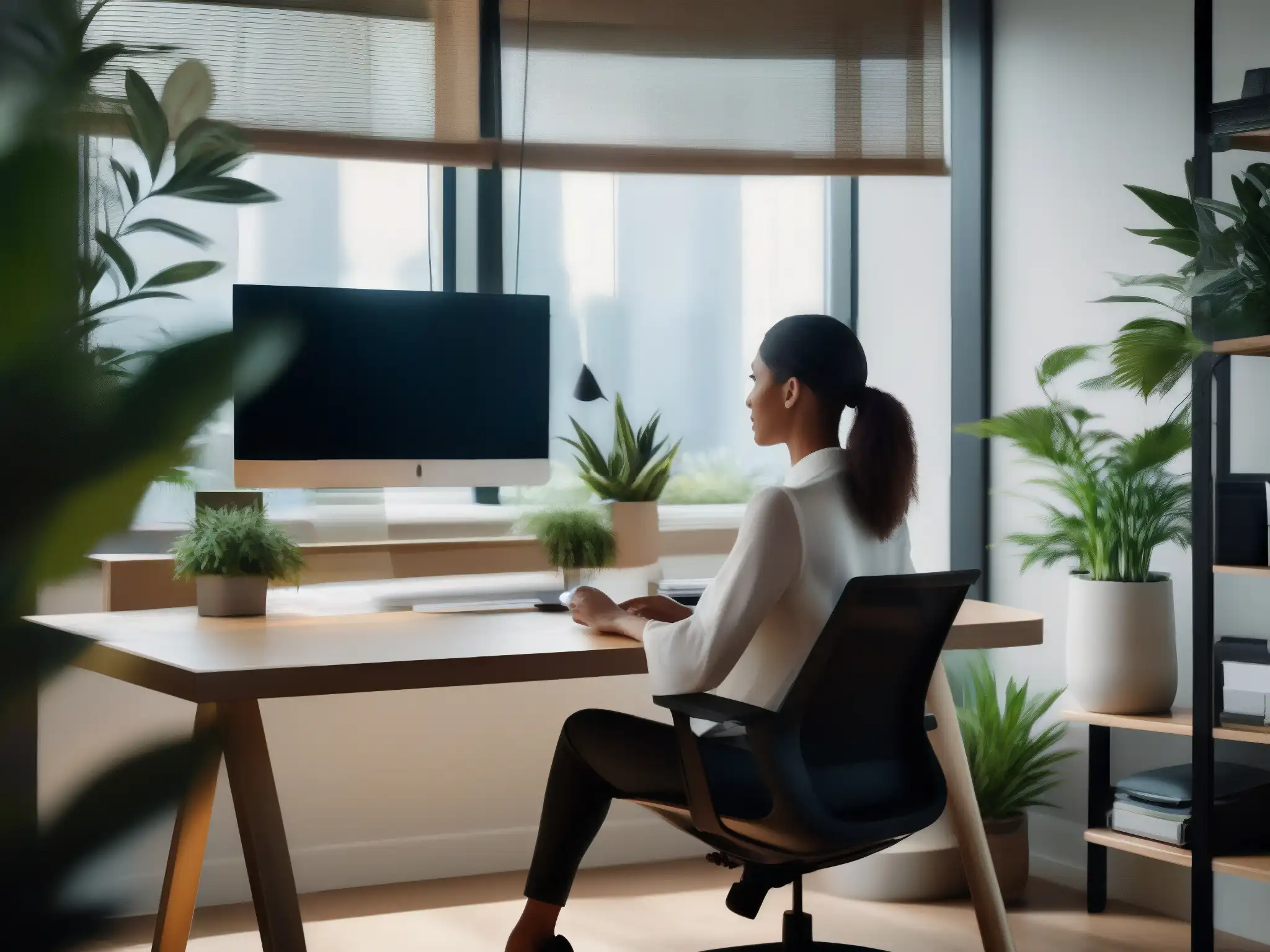 Oficina en casa: Productividad y bienestar en teletrabajo Un entorno de trabajo remoto moderno y acogedor con efectos positivos en la psicología, reflejado en una videoconferencia profesional