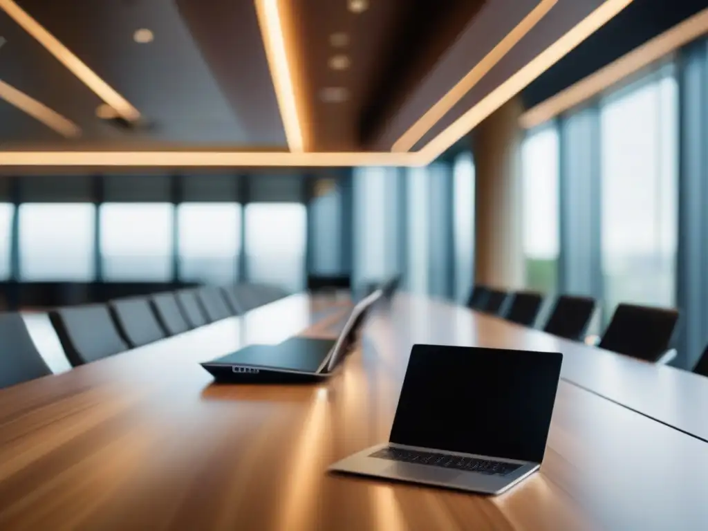 Sala de reuniones moderna y productiva con GoToMeeting Un entorno de trabajo moderno y profesional con dispositivos de alta gama, destacando las ventajas de usar GoToMeeting en startups