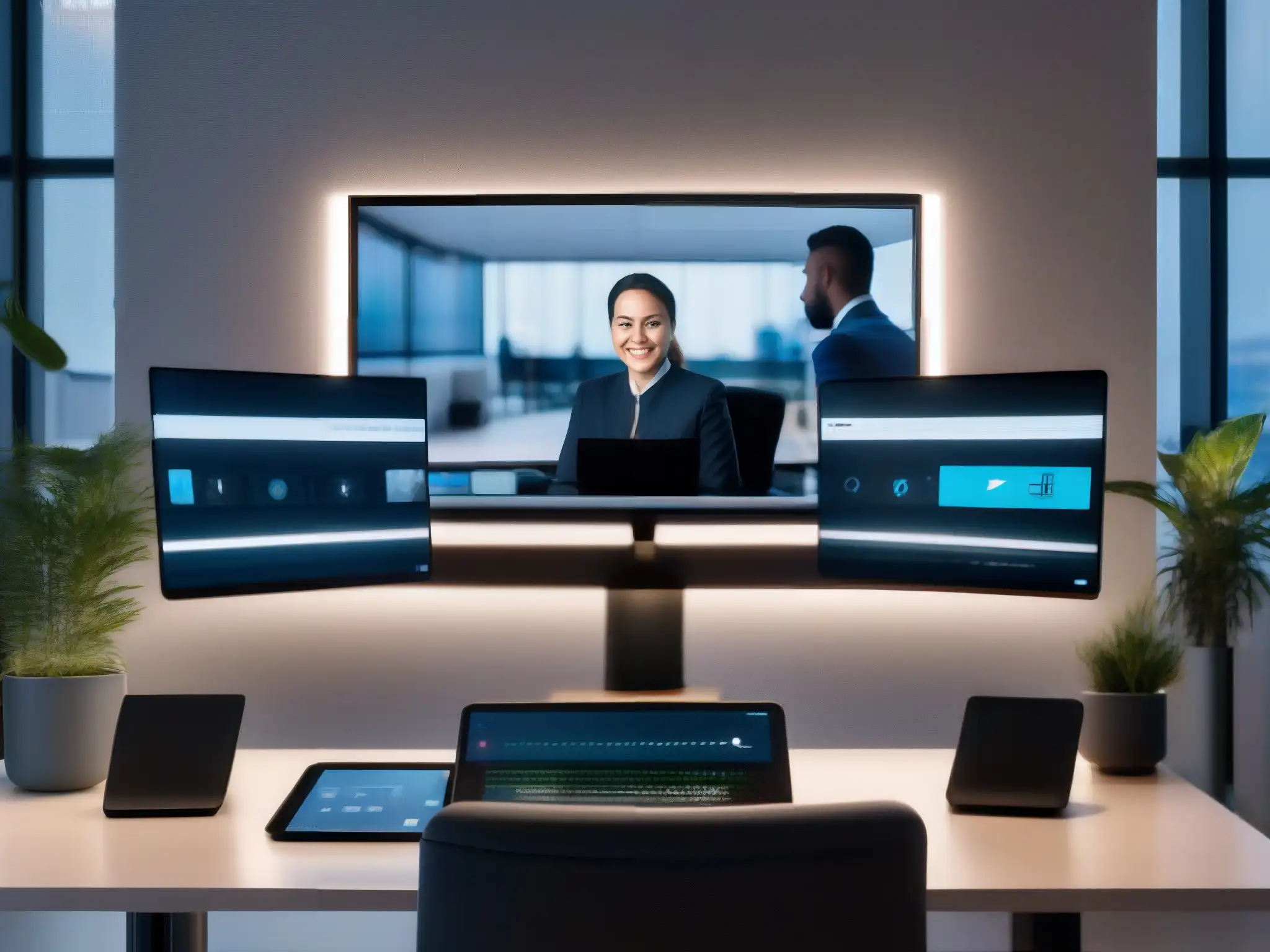 Configuración profesional de videoconferencia ultra detallada y moderna Un entorno de videoconferencia profesional y acogedor con herramientas de alta tecnología para PYMEs
