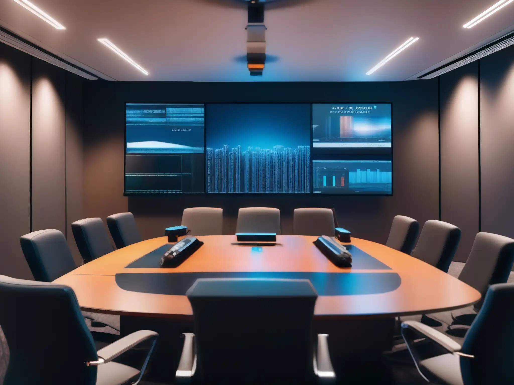 Imagen 8k de equipo profesional para videoconferencias con ondas de sonido Un entorno de videoconferencia profesional en 8K, con equipos de audio de alta gama y ondas sonoras visualmente representadas