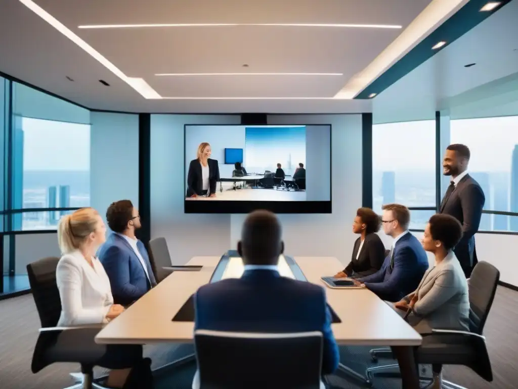 Setup de videoconferencia profesional: tecnología y colaboración Un entorno de videoconferencia profesional moderno y elegante con múltiples pantallas, cámaras y equipos de audio, lleno de luz natural