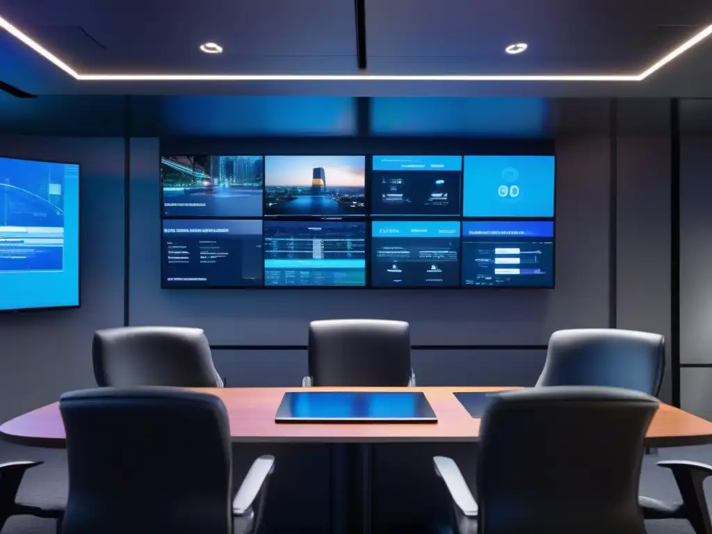 Configuración de videoconferencia segura y futurista Un entorno de videoconferencias profesionales seguro y futurista, con monitores de alta definición y herramientas de ciberseguridad en tiempo real