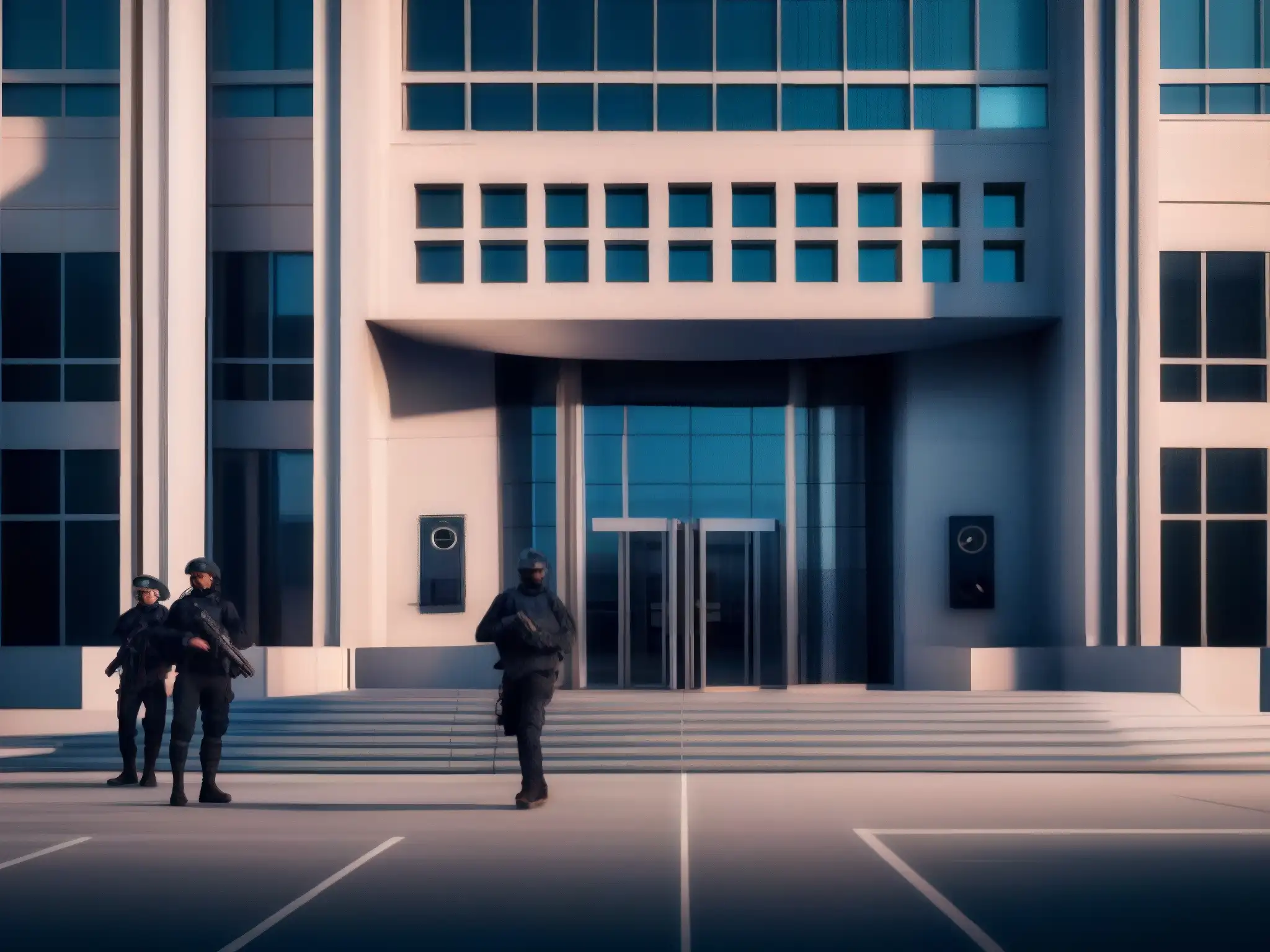 Entrada de alta seguridad: arquitectura moderna y medidas avanzadas Entrada de edificio gubernamental de alta seguridad con moderna arquitectura, biometría y guardias armados