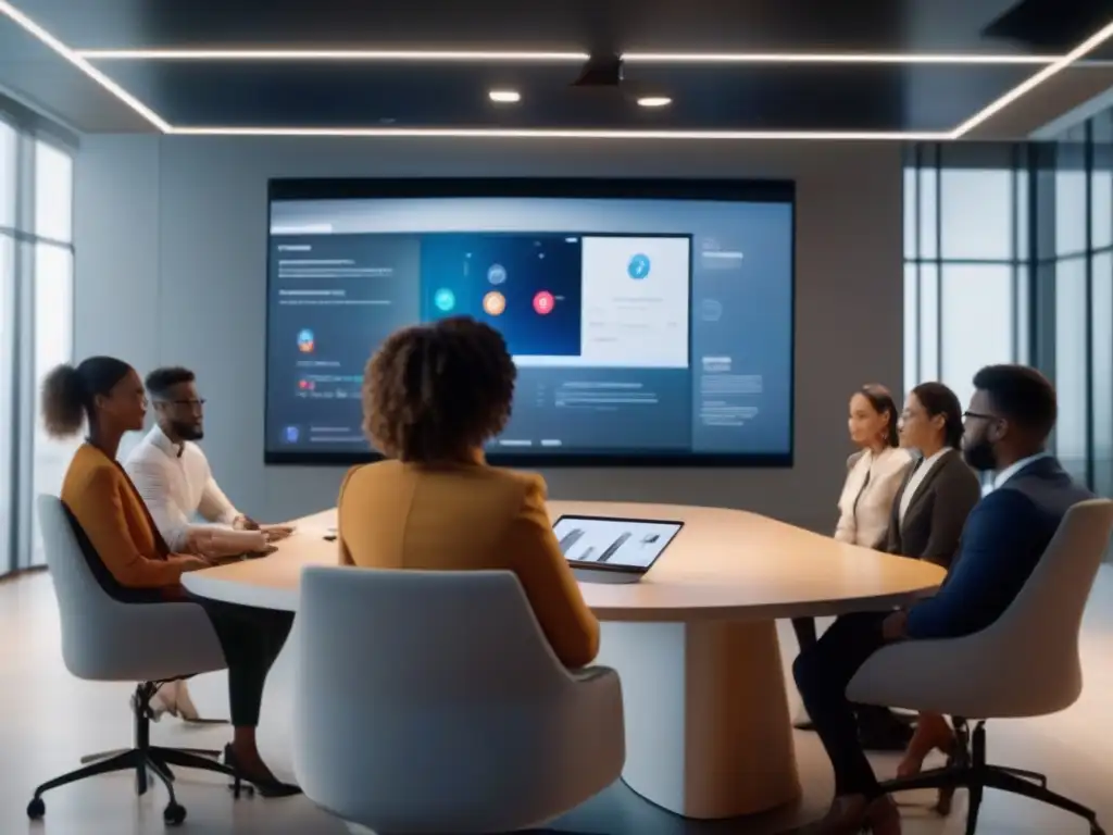 Entrenamiento virtual con IA: sesión interactiva de formación Entrenamiento videoconferencias eficientes: profesional guía a grupo diverso en presentación virtual con ayuda de IA y herramientas avanzadas