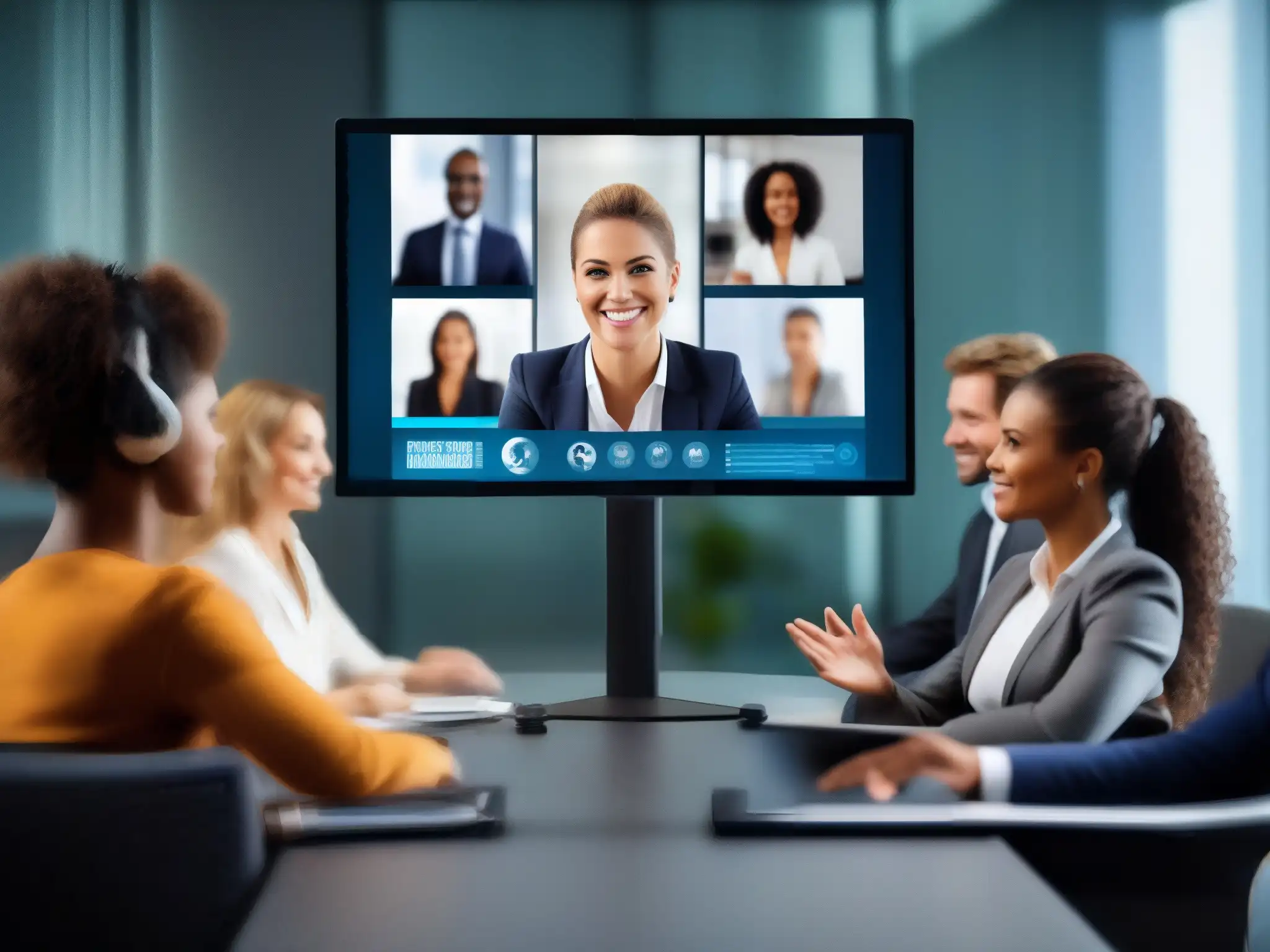 Entrenador profesional en sesión de videoconferencia Entrenamiento en videoconferencias eficientes: profesional dirige sesión de formación, comunicación efectiva y lenguaje corporal
