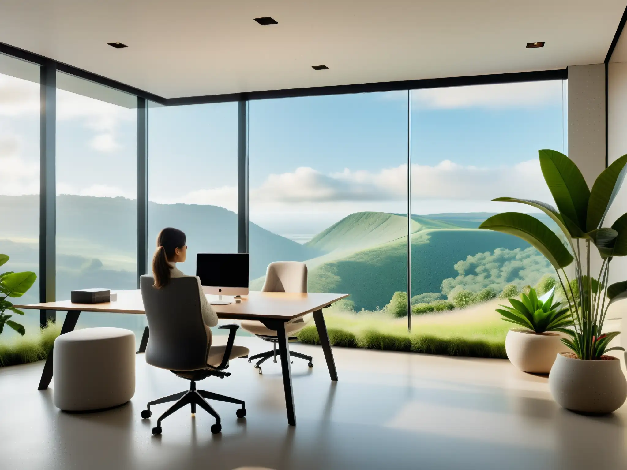 Oficina moderna con vista panorámica a la naturaleza Promoción del equilibrio vida-trabajo en videoconferencias en moderna oficina con vistas naturales y ambiente tranquilo