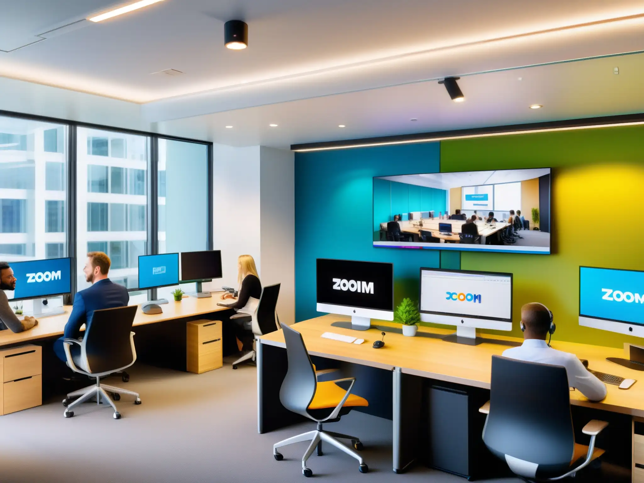 Oficina ágil: Equipos colaborando con Zoom y Teams Equipo ágil de desarrollo utilizando Zoom y Teams, la mejor herramienta de videoconferencia para colaborar en un moderno espacio de oficina