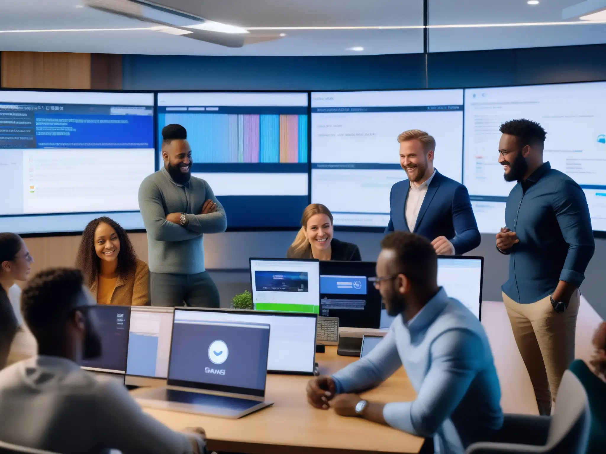 Equipo ágil de desarrolladores colaborando en una oficina moderna Equipo ágil colaborando con Jira y Zoom en oficina moderna, creando ambiente dinámico y productivo