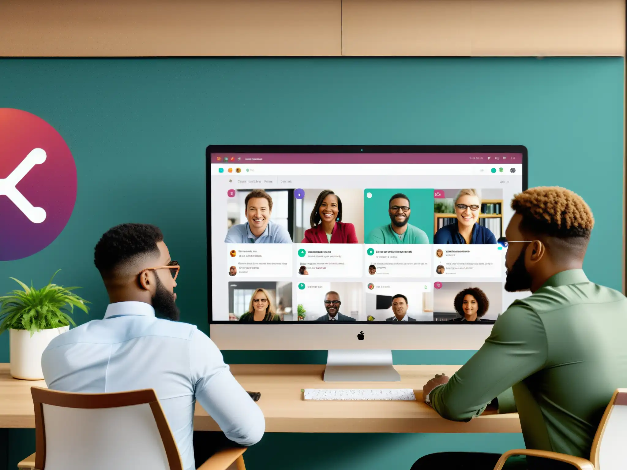 Colaboración sincrónica y asincrónica en Slack: equipo profesional en acción Equipo colaborando en Slack para análisis de productividad, con chats, videollamadas y documentos compartidos en pantalla
