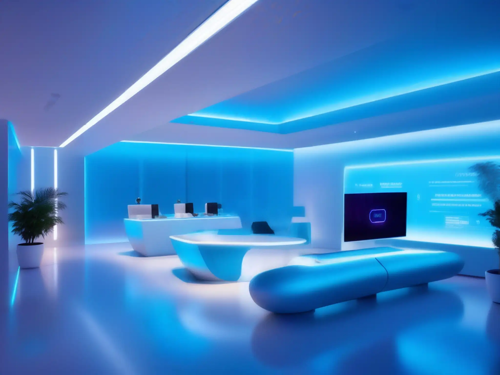 Centro de servicio al cliente futurista con integración Pexip CRM Equipo de atención al cliente con integración Pexip CRM en centro futurista, ambiente calmado y vanguardista en azul