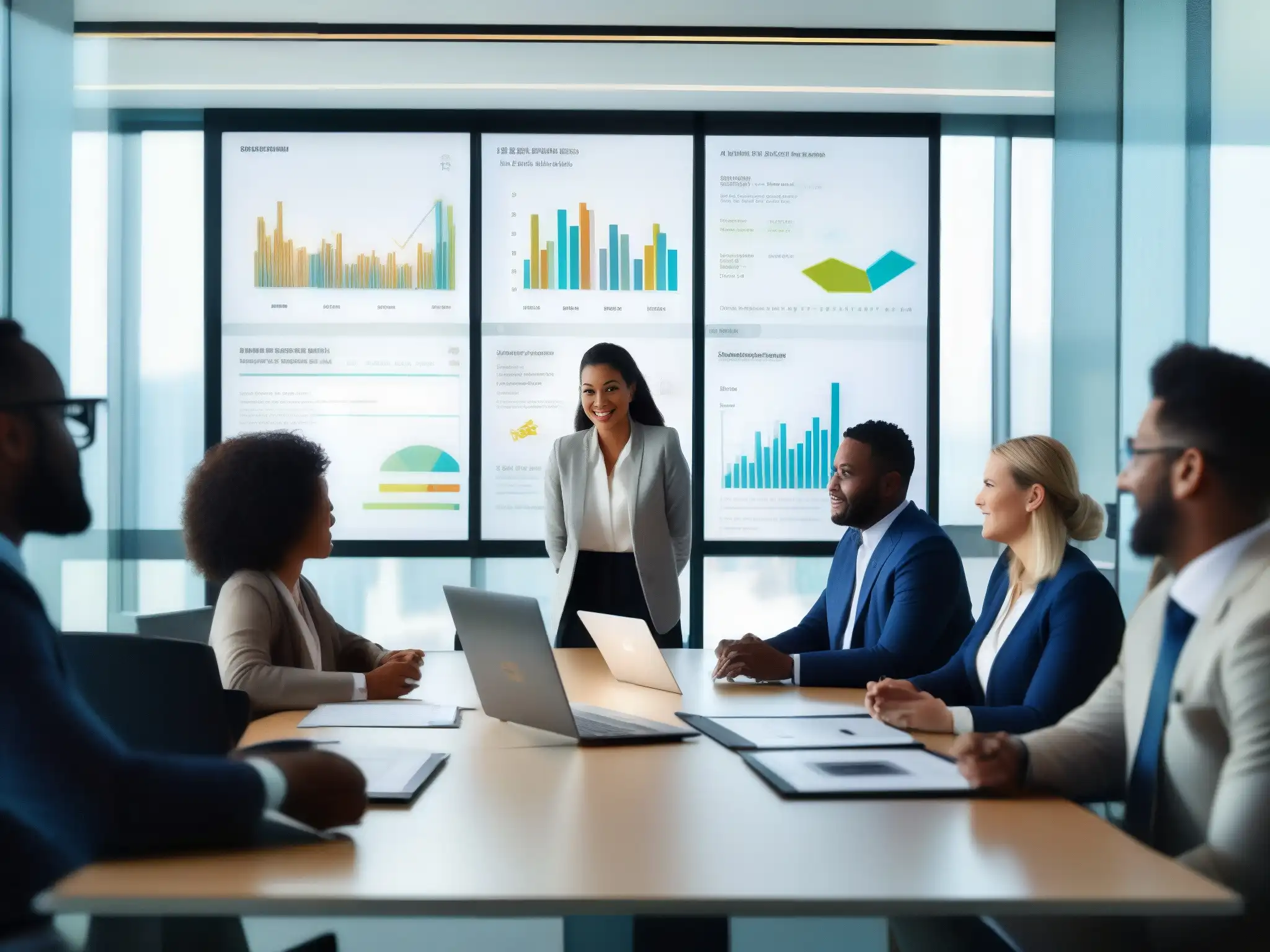 Consultores innovadores colaborando en estrategias de Pexip Un equipo de consultores diversos colaborando en una animada discusión alrededor de una mesa de conferencias, con gráficos en pantalla