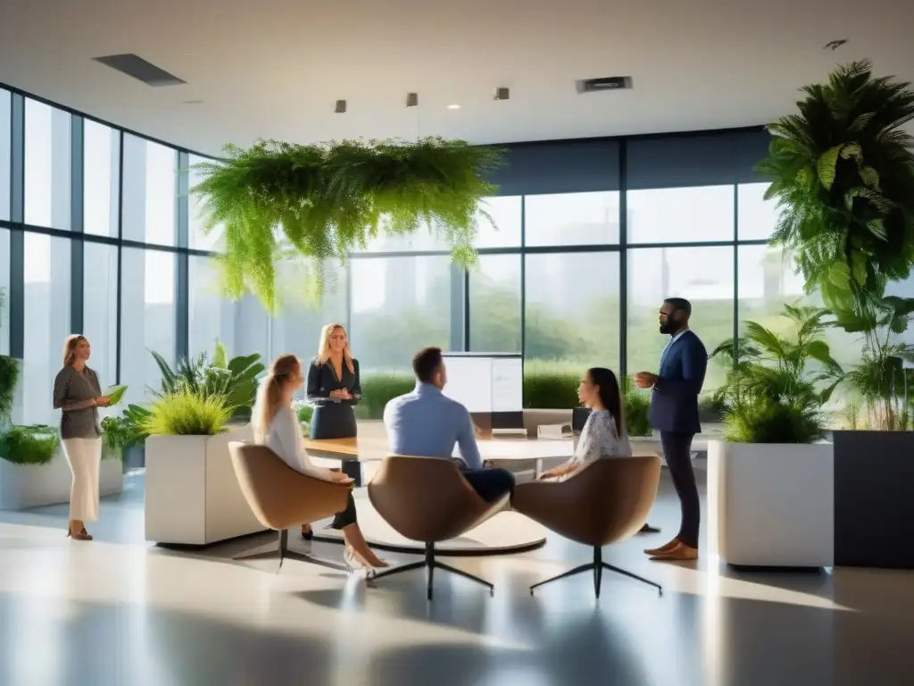 Equipo de marketing y profesionales de la salud innovando en oficina moderna Equipo de consultores de marketing y profesionales de la salud colaborando en una oficina moderna, discutiendo estrategias de marketing digital exitosas, rodeados de plantas verdes