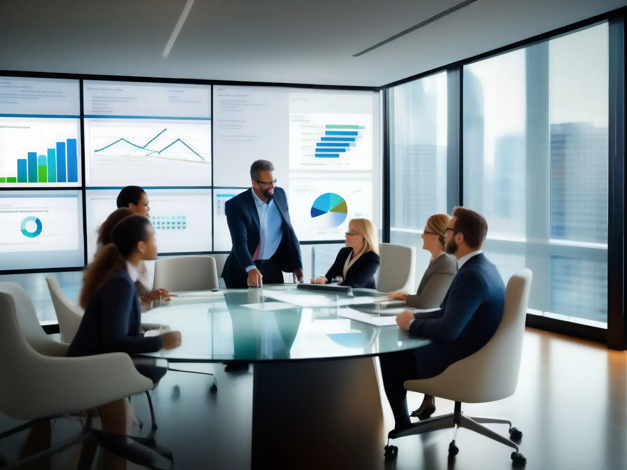 Consultores expertos en reunión estratégica: innovación y éxito Un equipo de consultores se reúne en una sala moderna y luminosa para revisar gráficos en una pantalla digital