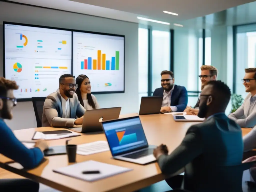 Equipo de desarrolladores crea plugin para videoconferencias Equipo de desarrolladores colaborando en el desarrollo de plugins para videoconferencias en una oficina moderna y luminosa