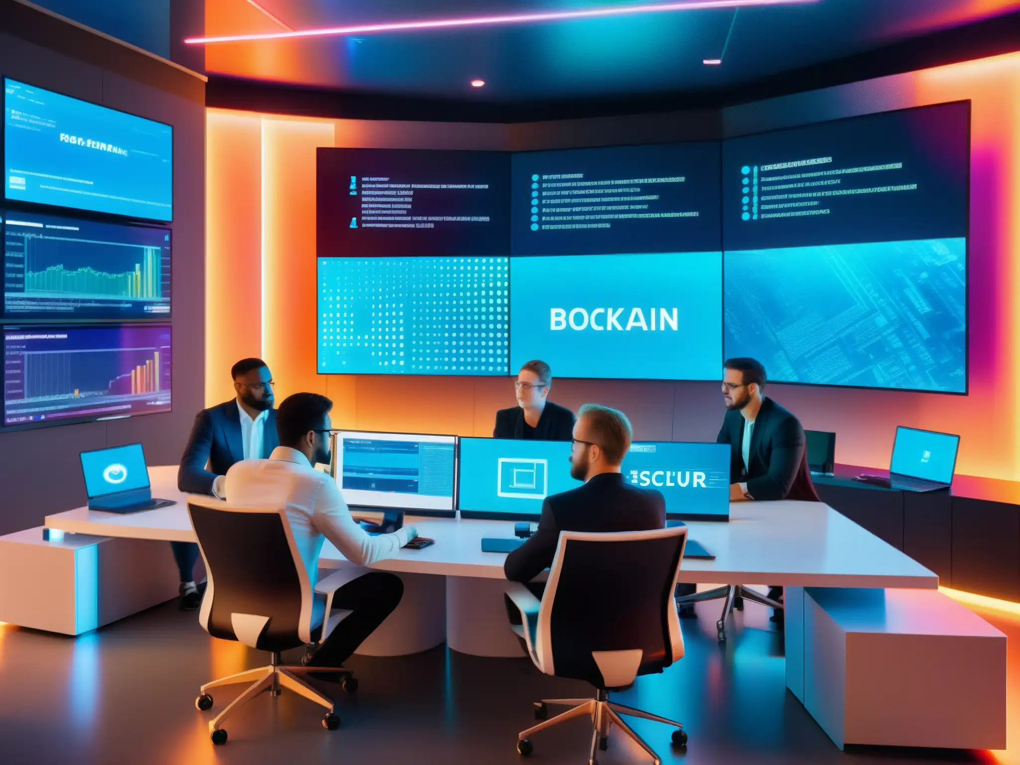 Desarrollo de plataforma segura de videollamadas con blockchain Un equipo de desarrolladores colabora en una oficina moderna, creando una plataforma segura de videoconferencia con tecnología blockchain