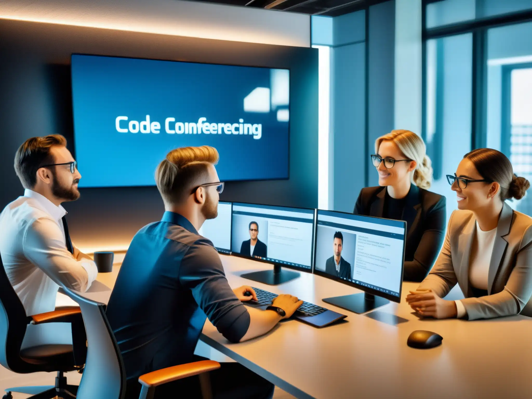 Desarrolladores profesionales crean plugin para videoconferencias Un equipo de desarrolladores profesionales colabora en el código para un plugin de videoconferencias, en un ambiente moderno y elegante