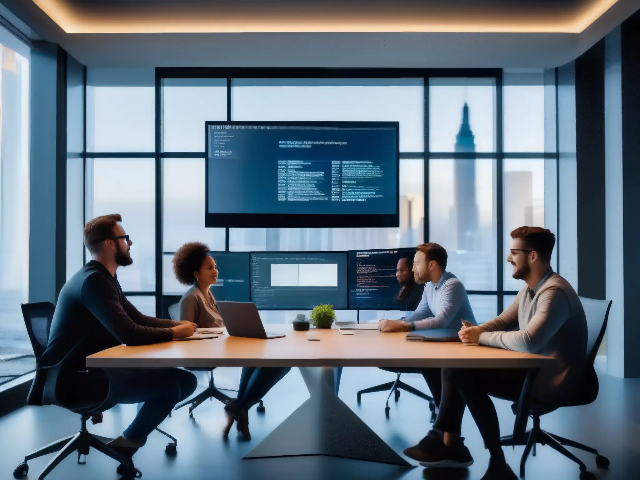 Desarrollo de API de videoconferencia: Colaboración Innovadora Un equipo de desarrolladores de software colabora en el desarrollo avanzado de API videoconferencia en un ambiente dinámico y profesional, rodeados de tecnología de vanguardia y diseño futurista