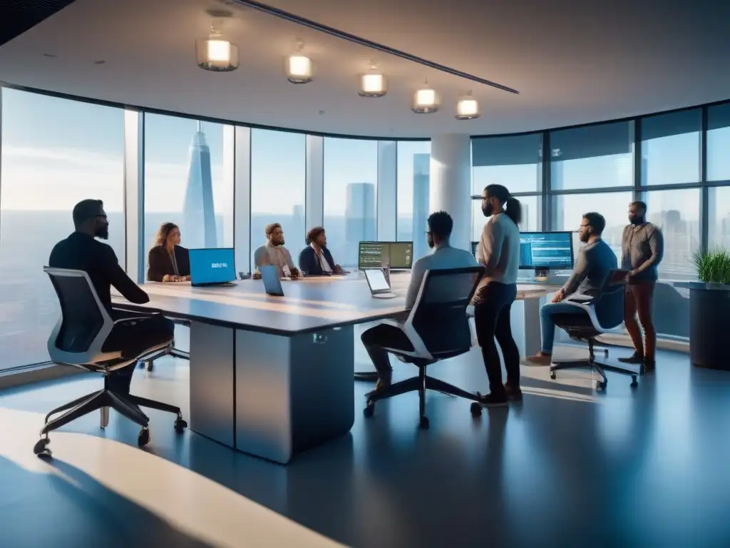 Equipo de desarrolladores de software en oficina moderna Equipo de desarrolladores de software colaborando en un moderno espacio de oficina, discutiendo código y arquitectura de microservicios