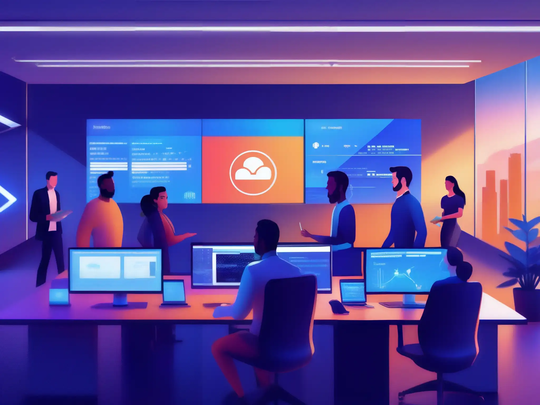 Equipo de desarrolladores ágiles en oficina futurista Un equipo de desarrolladores de software colaborando en una oficina futurista con integración perfecta de Jira y Zoom para equipos ágiles