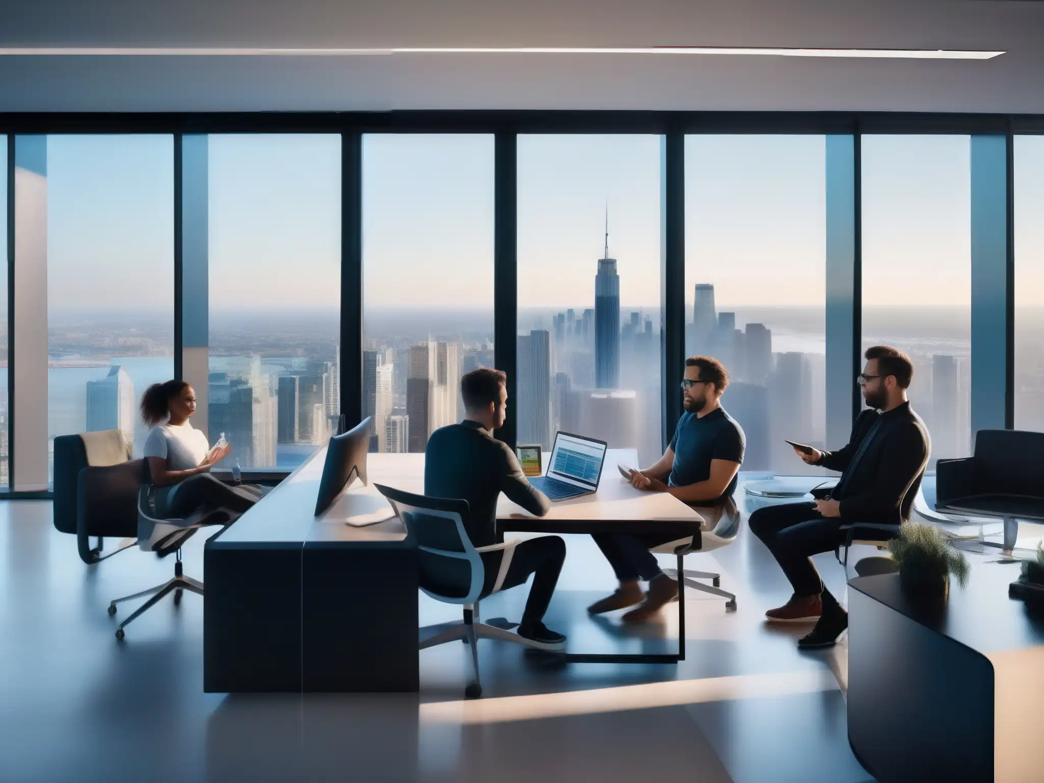 Desarrolladores de software en un espacio de oficina moderno y colaborativo Equipo de desarrolladores de software en una oficina moderna, optimizando para videoconferencias en un entorno dinámico y profesional