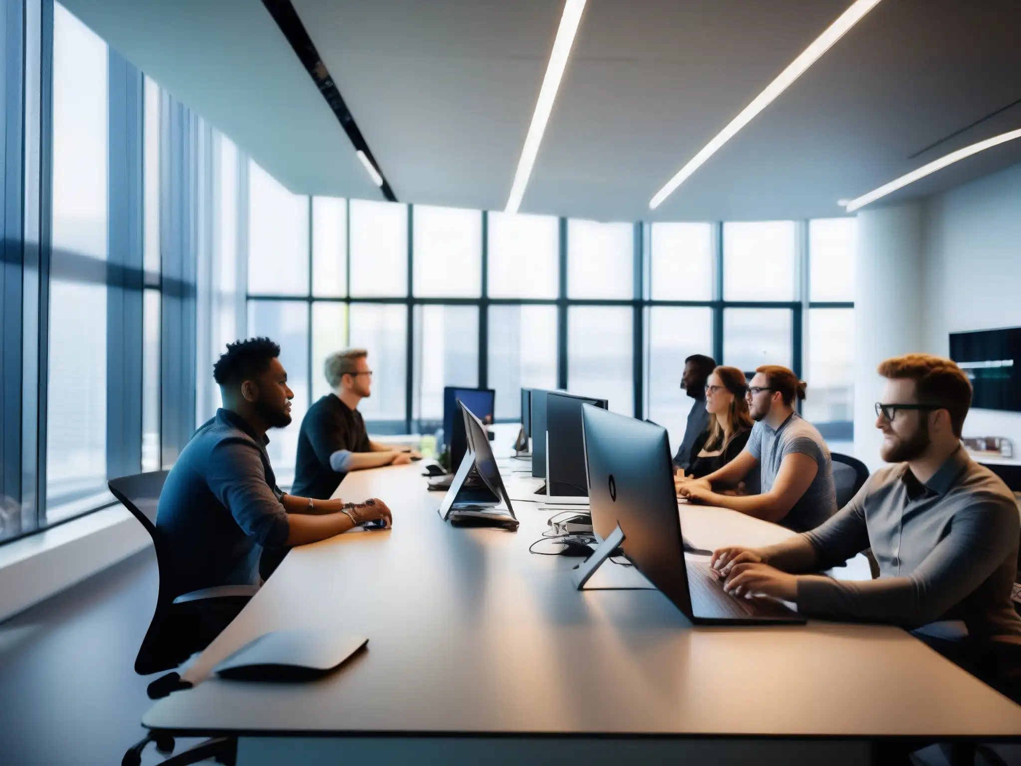 Equipo de desarrolladores en espacio moderno, innovación tecnológica Equipo de desarrolladores de software colaborando en una oficina moderna, con tecnología de punta