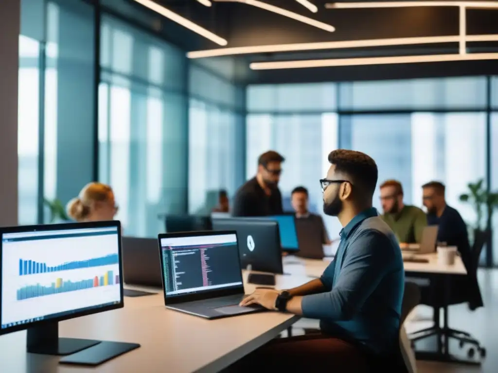 Equipo de desarrolladores de software innovando con contenedores y microservicios en un ambiente moderno y dinámico Equipo de desarrolladores de software en una oficina moderna, creando con contenedores
