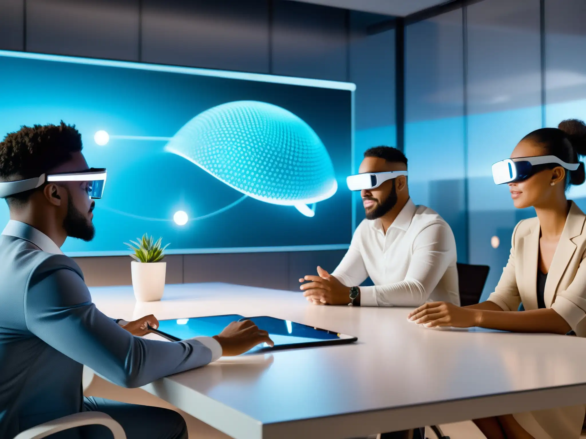 Profesionales en reunión de realidad aumentada Equipo de desarrolladores en videoconferencia, usando gafas de realidad aumentada en una oficina futurista llena de tecnología holográfica