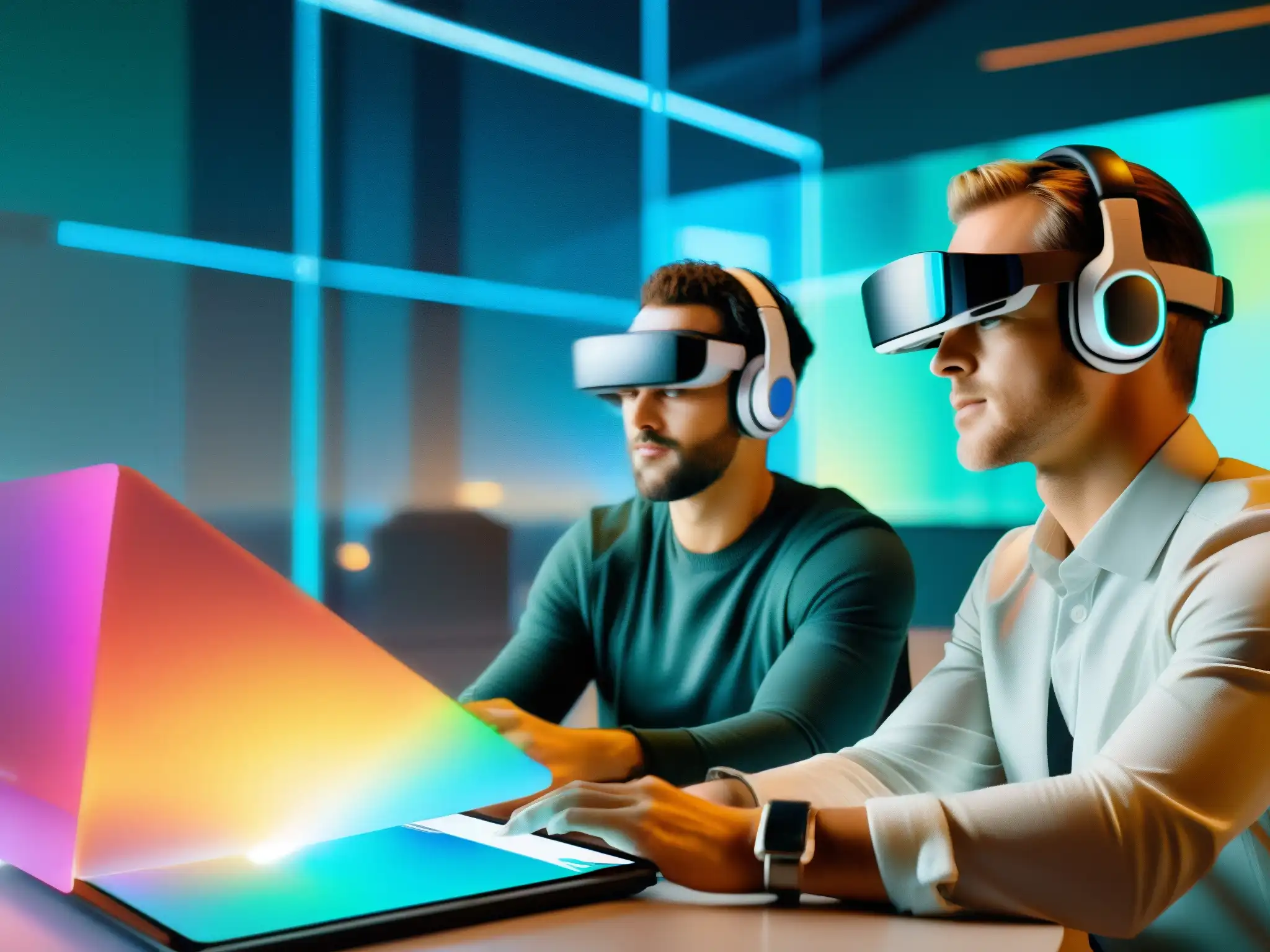 Desarrolladores colaborando en realidad aumentada Un equipo de desarrolladores en videoconferencias de realidad aumentada colaborando en un modelo 3D de un edificio, rodeados de interfaces holográficas y visualizaciones de datos