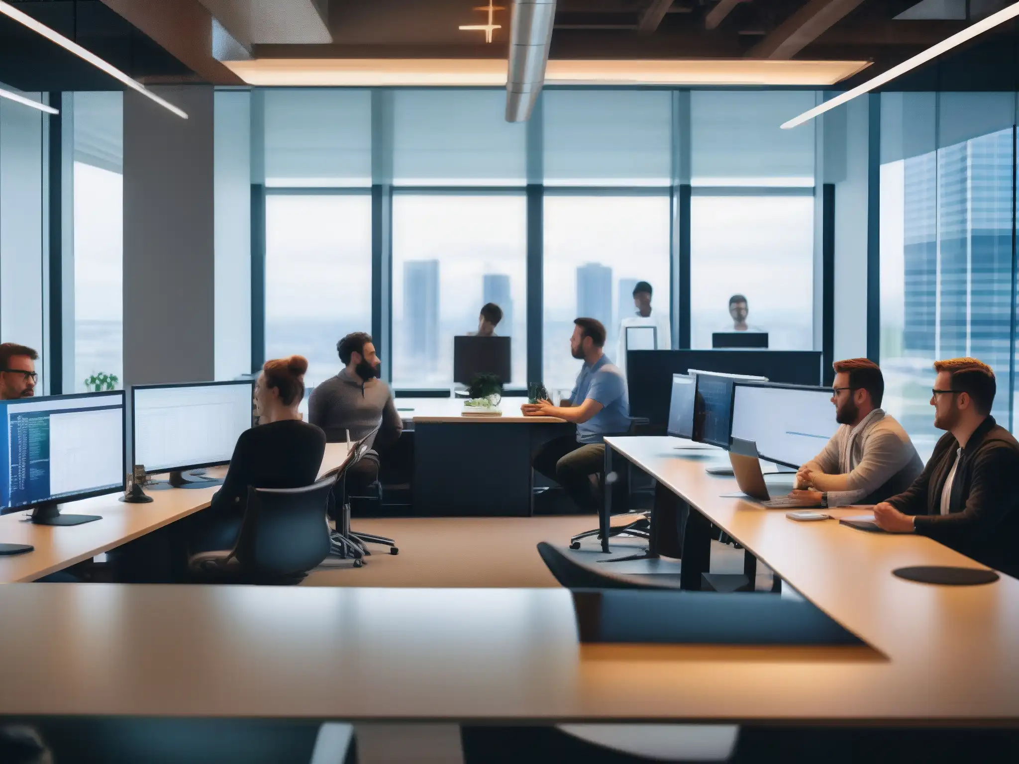 Desarrolladores de software innovando en oficina moderna Equipo de desarrollo de software con contenedores colaborando en una oficina moderna, inmersos en la innovación y la profesionalidad