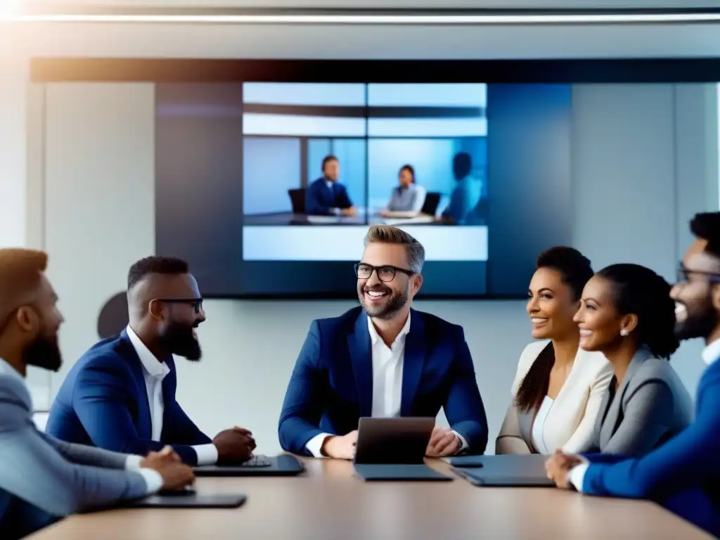 Equipo diverso en videoconferencia de alto rendimiento Un equipo diverso y colaborativo en una videoconferencia de alto rendimiento, demostrando las mejores estrategias de liderazgo en videoconferencias