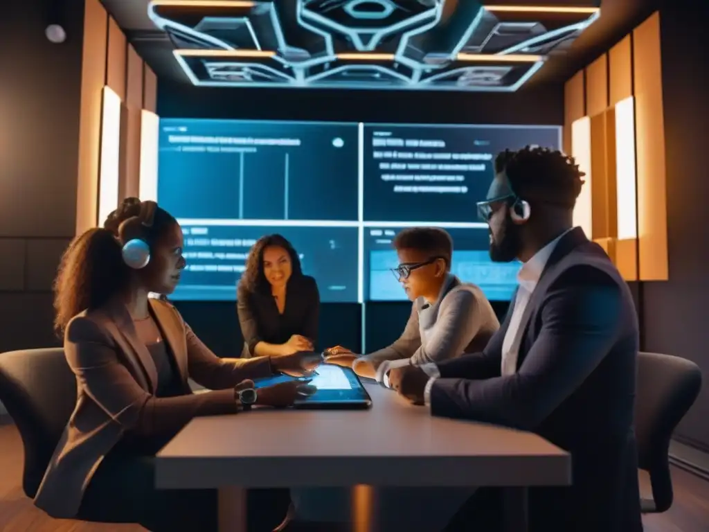 Profesionales colaboran en escape room virtual Un equipo diverso resuelve desafíos en una sala de escape virtual para colaboración, con elementos futuristas y pantallas interactivas