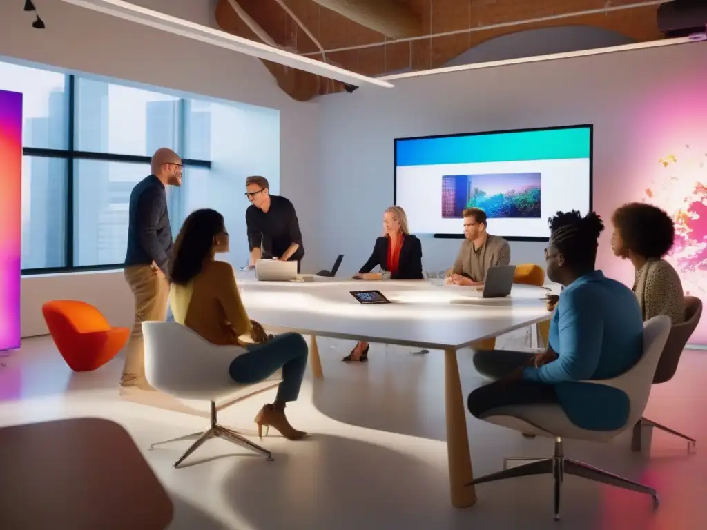 Diseñadores colaborando en un estudio creativo Un equipo diverso de diseñadores colabora en un estudio luminoso y espacioso, lleno de mobiliario moderno y arte colorido