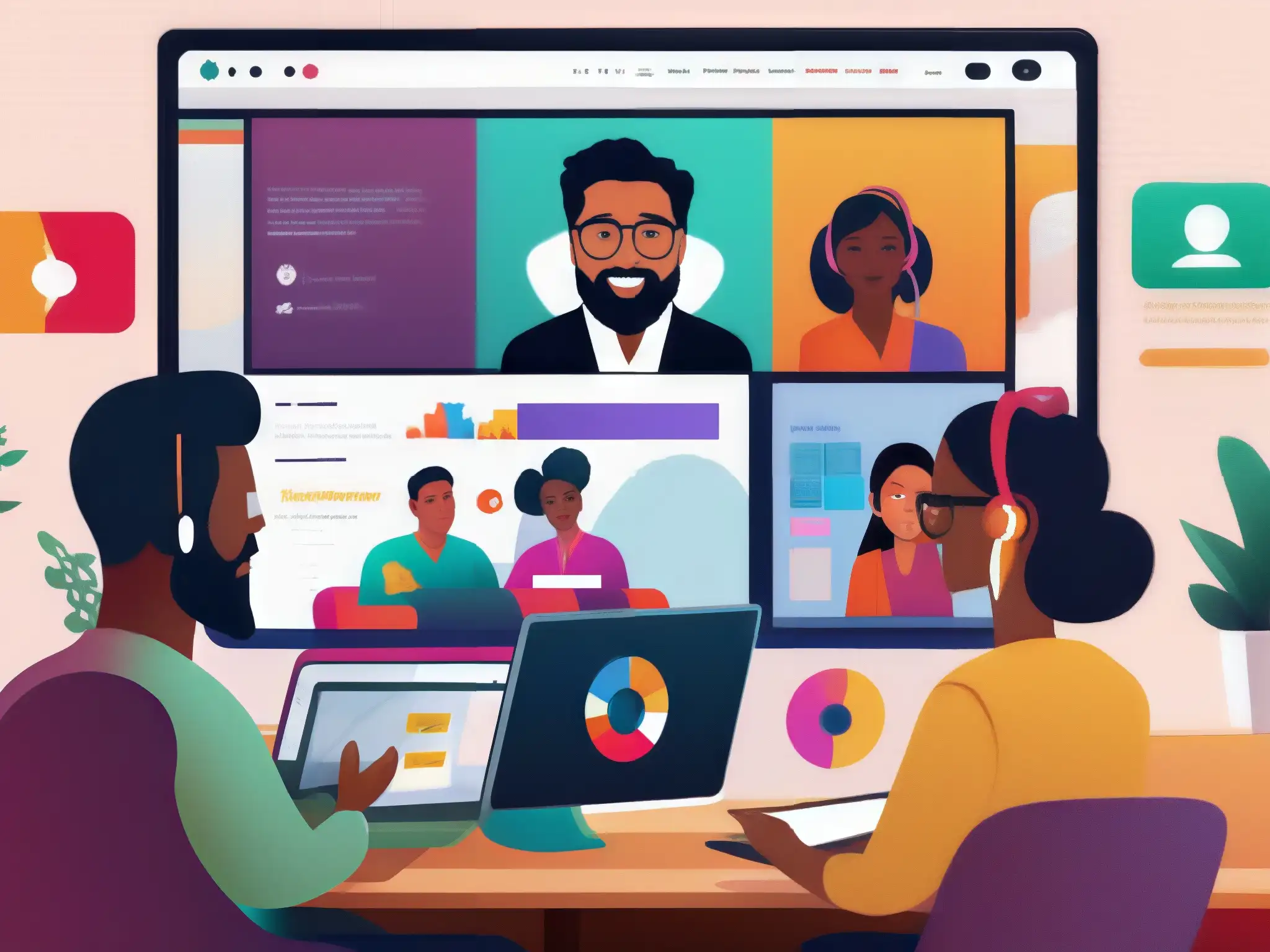 Videoconferencia creativa: Equipo de diseñadores colaborando en Slack Equipo diverso de diseñadores en videoconferencia, colaborando en Slack