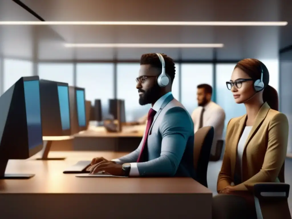 Equipo diverso y productivo usando Slack en oficina moderna Un equipo diverso colabora profesionalmente en un entorno de oficina moderno utilizando Slack para análisis de productividad