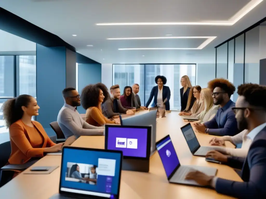 Equipo diverso colaborando en Microsoft Teams en una oficina profesional Un equipo diverso colabora en Microsoft Teams en un entorno profesional, mostrando integración y colaboración en Microsoft Teams
