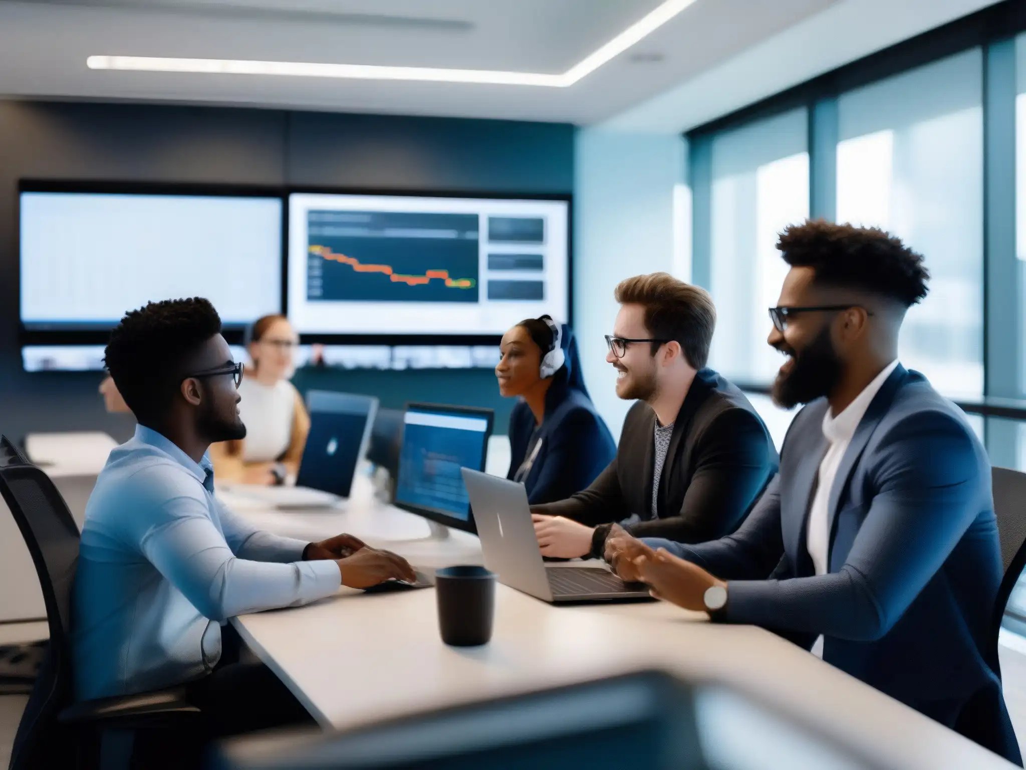 Equipo de pruebas de software colaborando en un moderno espacio de oficina Un equipo diverso de expertos en pruebas de software en videoconferencias colabora frente a múltiples pantallas, analizando datos y discutiendo estrategias