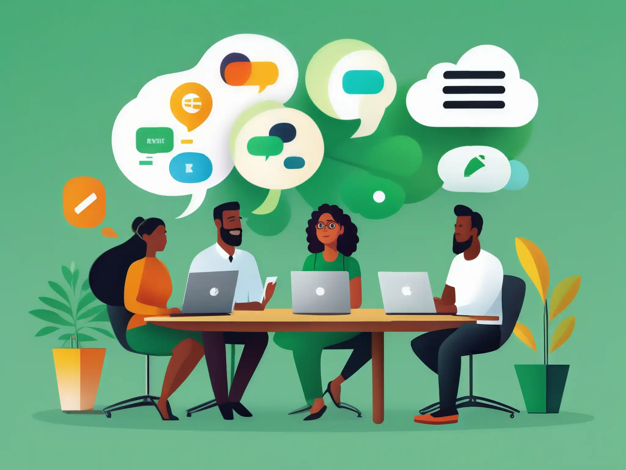 Reunión sincrónica de equipo profesional en oficina moderna Un equipo diverso se comunica de forma sincrónica vía Slack en un entorno de oficina moderno y productivo