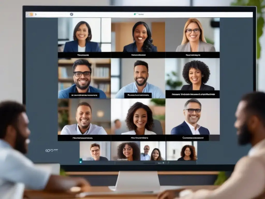Equipo diverso en reunión virtual con GoToMeeting Equipo diverso colaborando en GoToMeeting para mejorar productividad equipos remotos en un ambiente profesional y acogedor