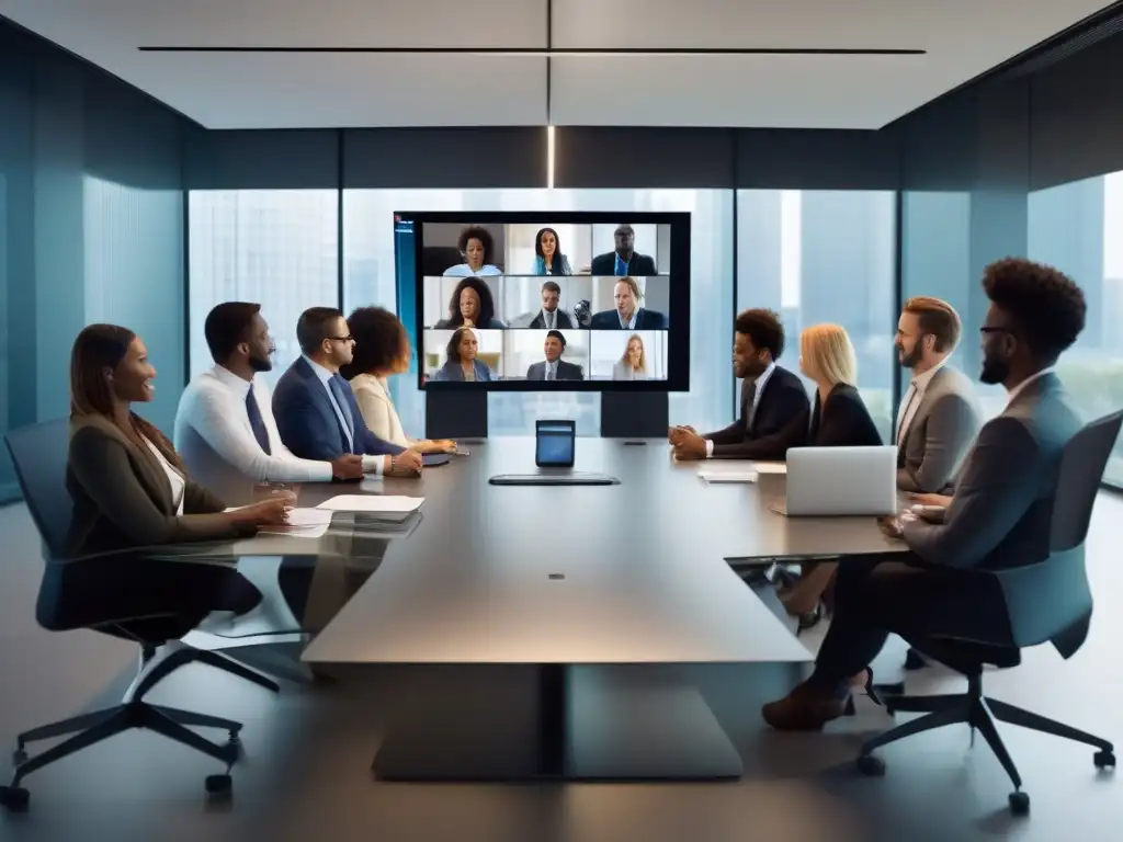 Reunión virtual de profesionales en oficina moderna Un equipo diverso utiliza una herramienta de videoconferencia de alta tecnología en una oficina contemporánea