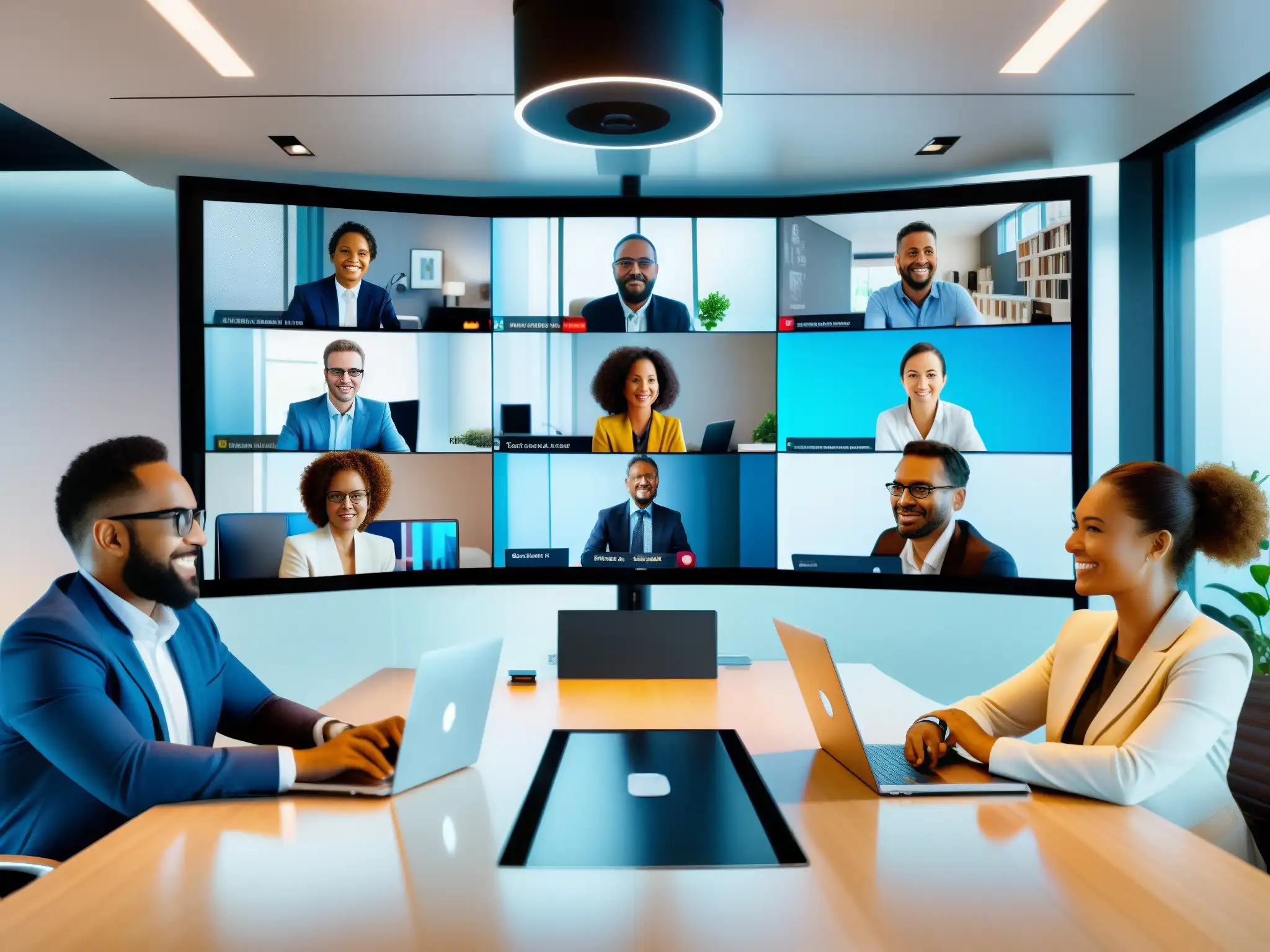 Equipo diverso en videoconferencia 8K: alta energía y colaboración Equipo diverso usando herramientas videoconferencia profesionales comparativa en dinámica reunión virtual 8k