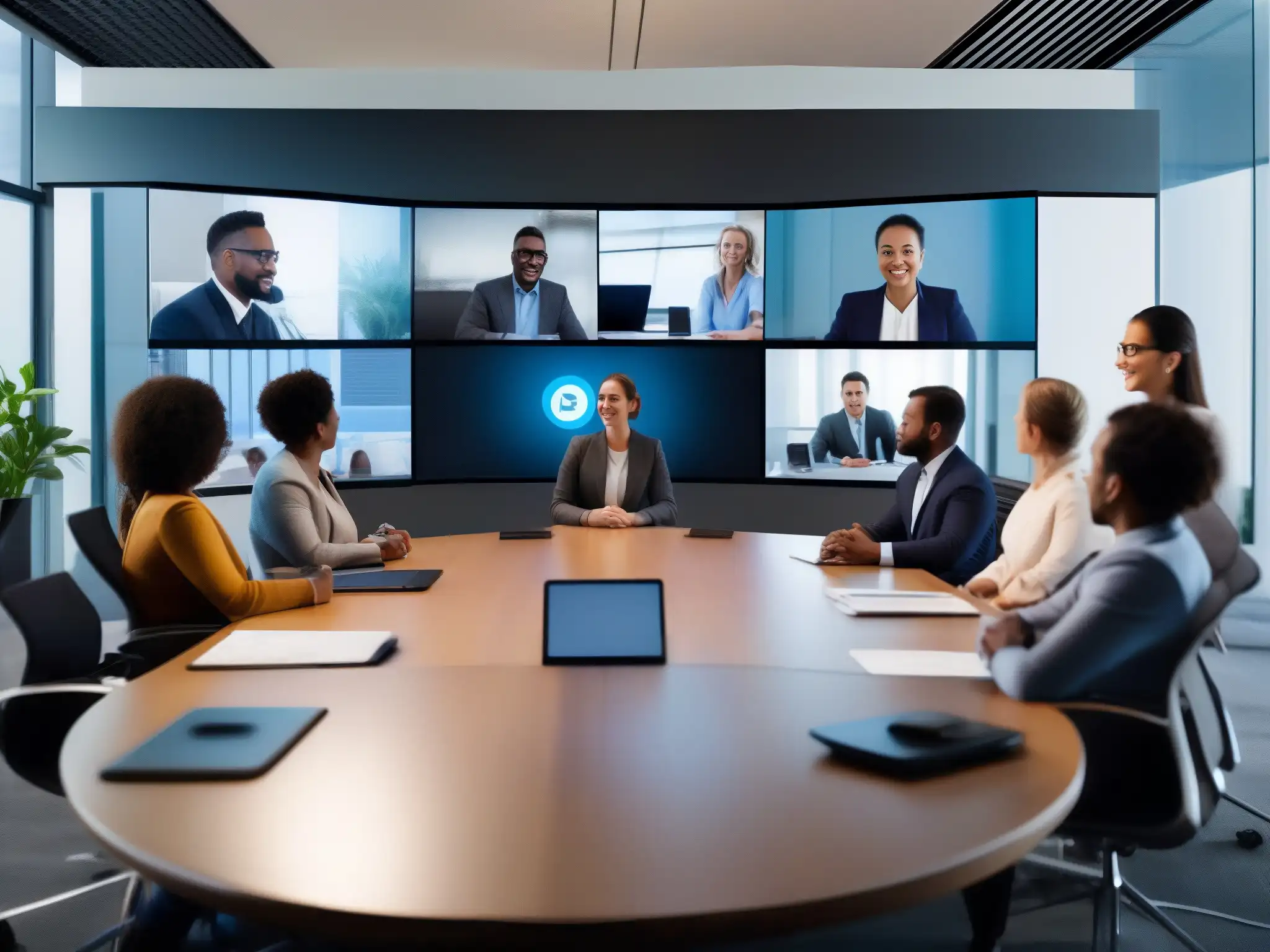 Equipo diverso en videoconferencia: eficiencia y colaboración Un equipo diverso utiliza herramientas de videoconferencia para gestionar proyectos en Asana, en una sala de reuniones moderna y profesional