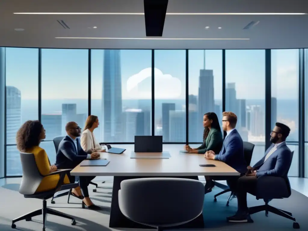 Equipo profesional integrando Dynamics 365 con Microsoft Teams Un equipo diverso colabora en la integración de Microsoft Teams y Dynamics 365 en una oficina moderna con tecnología de vanguardia