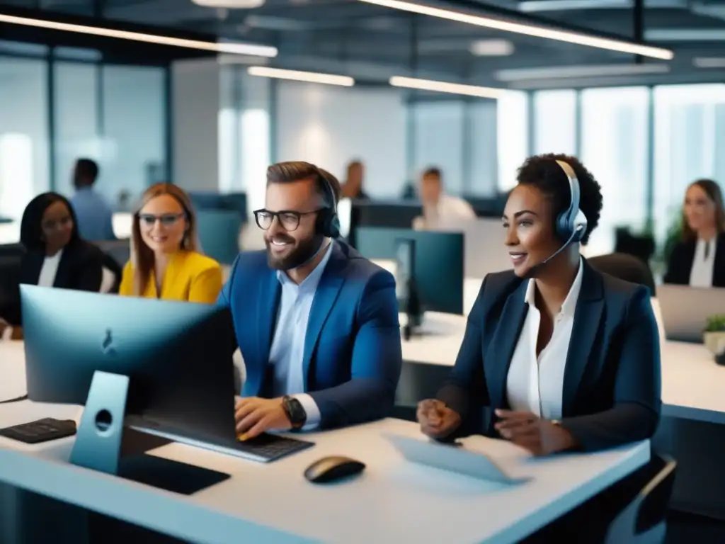 Equipo de soporte técnico y servicio al cliente en oficina moderna Equipo diverso utilizando las mejores herramientas de videoconferencia para atención al cliente en un moderno y eficiente espacio de oficina