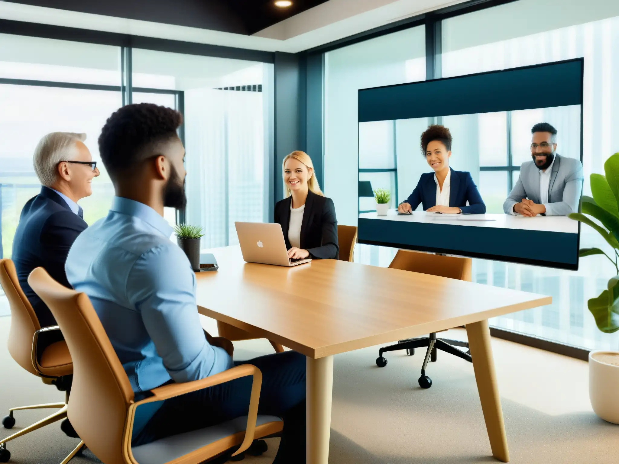 Videoconferencia innovadora en oficina moderna Un equipo diverso colabora en una moderna oficina con integración Pexip CRM, mejorando la atención al cliente