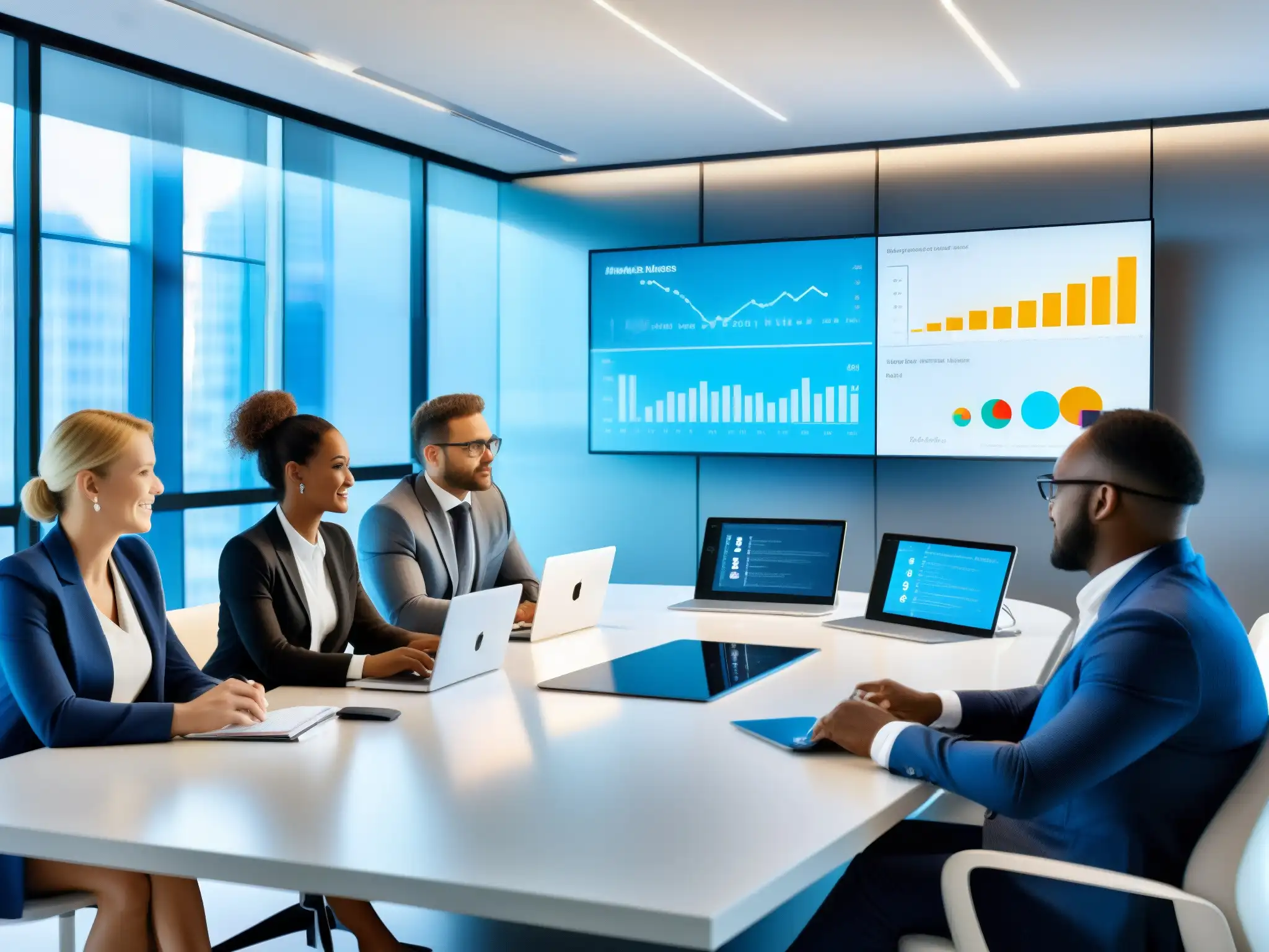 Equipo diverso en reunión colaborativa con 8x8 Un equipo diverso se reúne en una moderna oficina, usando 8x8 para mejorar la colaboración en servicios financieros atención al cliente