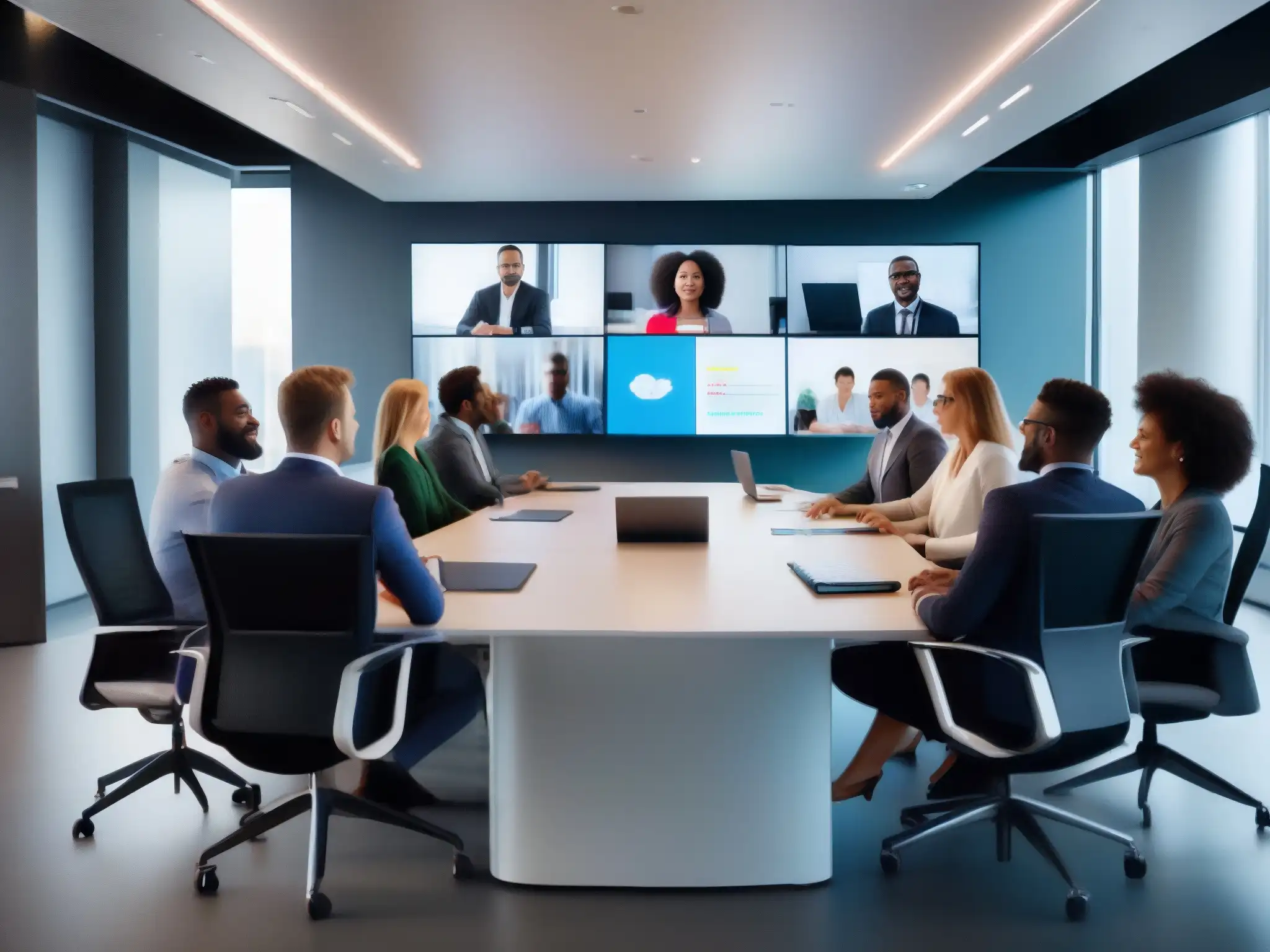 Videoconferencia automatizada: equipo diverso en oficina moderna Un equipo diverso en una oficina moderna se reúne para una videoconferencia automatizada, reflejando colaboración eficiente