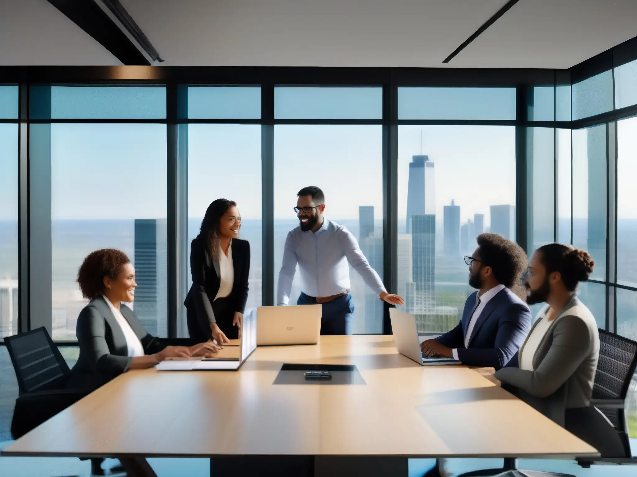 Reunión de profesionales con Microsoft Teams en oficina moderna Equipo diverso en oficina moderna, usando Microsoft Teams para Transformación Digital Multinacional