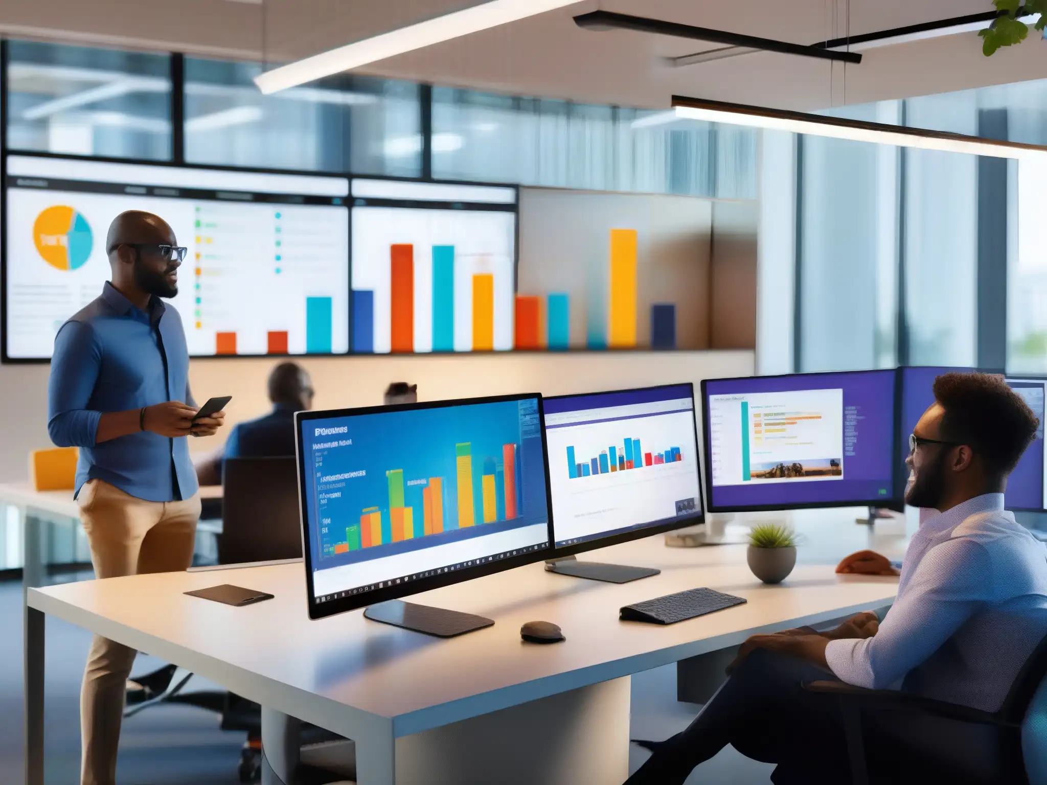 Equipo diverso colaborando en oficina moderna con Microsoft Teams Un equipo diverso colabora en una oficina moderna usando herramientas colaboración Microsoft Teams, con gráficos y discusiones dinámicas